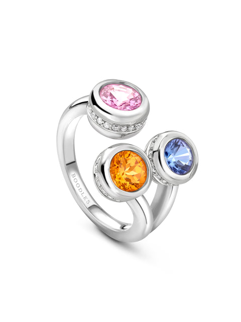 Beach Three Stone Sapphire Garnet Tanzanite Platinum Ring