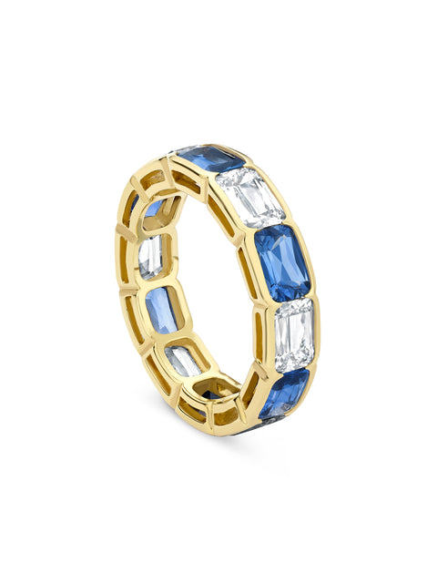 Classic Ashoka Diamond Sapphire Scalloped Full Hoop Yellow Gold Eternity Ring