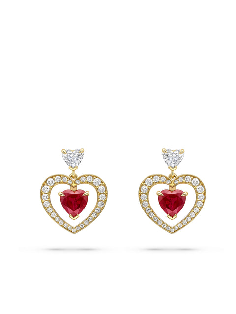 Vintage Heart Ruby and Diamond Yellow Gold Earrings