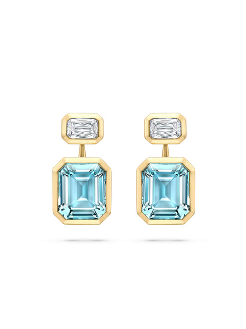 Florentine Emerald Cut Aquamarine Yellow Gold Earrings
