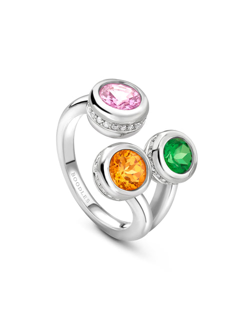 Beach Three Stone Sapphire Garnet Tsavorite Platinum Ring