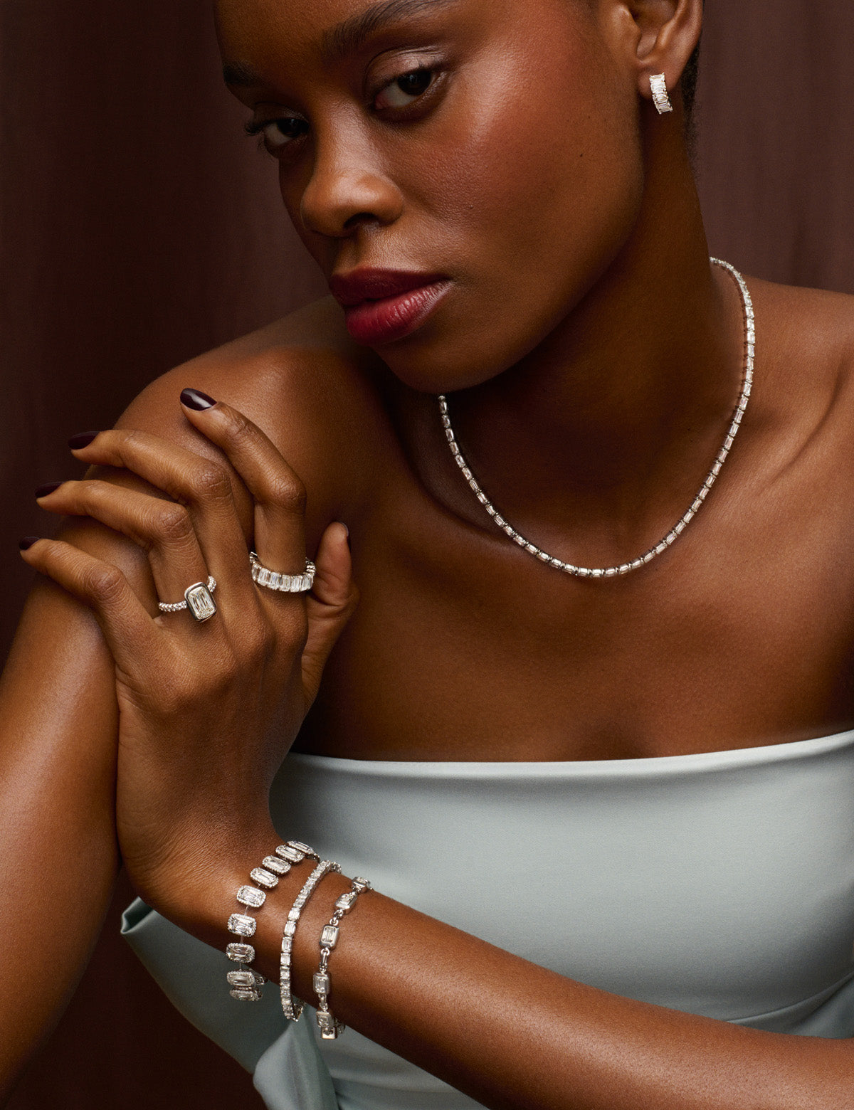 Boodles Ashoka collection of earrings, bracelets and necklace in platinum.