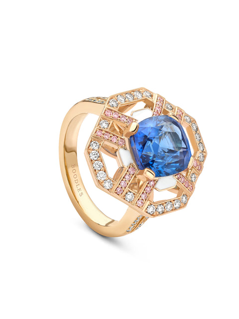 Fifth Avenue Cushion Sapphire and Pink Diamond Yellow Gold Ring
