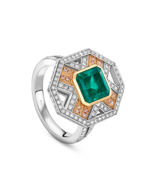 Fifth Avenue Emerald Platinum and Rose Gold Ring