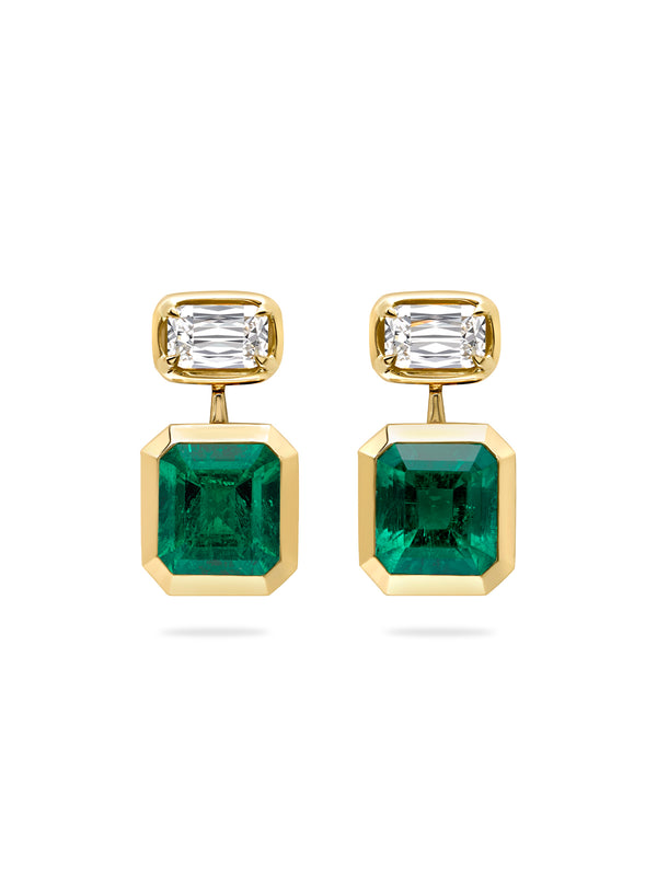 Florentine Emerald Ashoka Diamond Yellow Gold Earrings