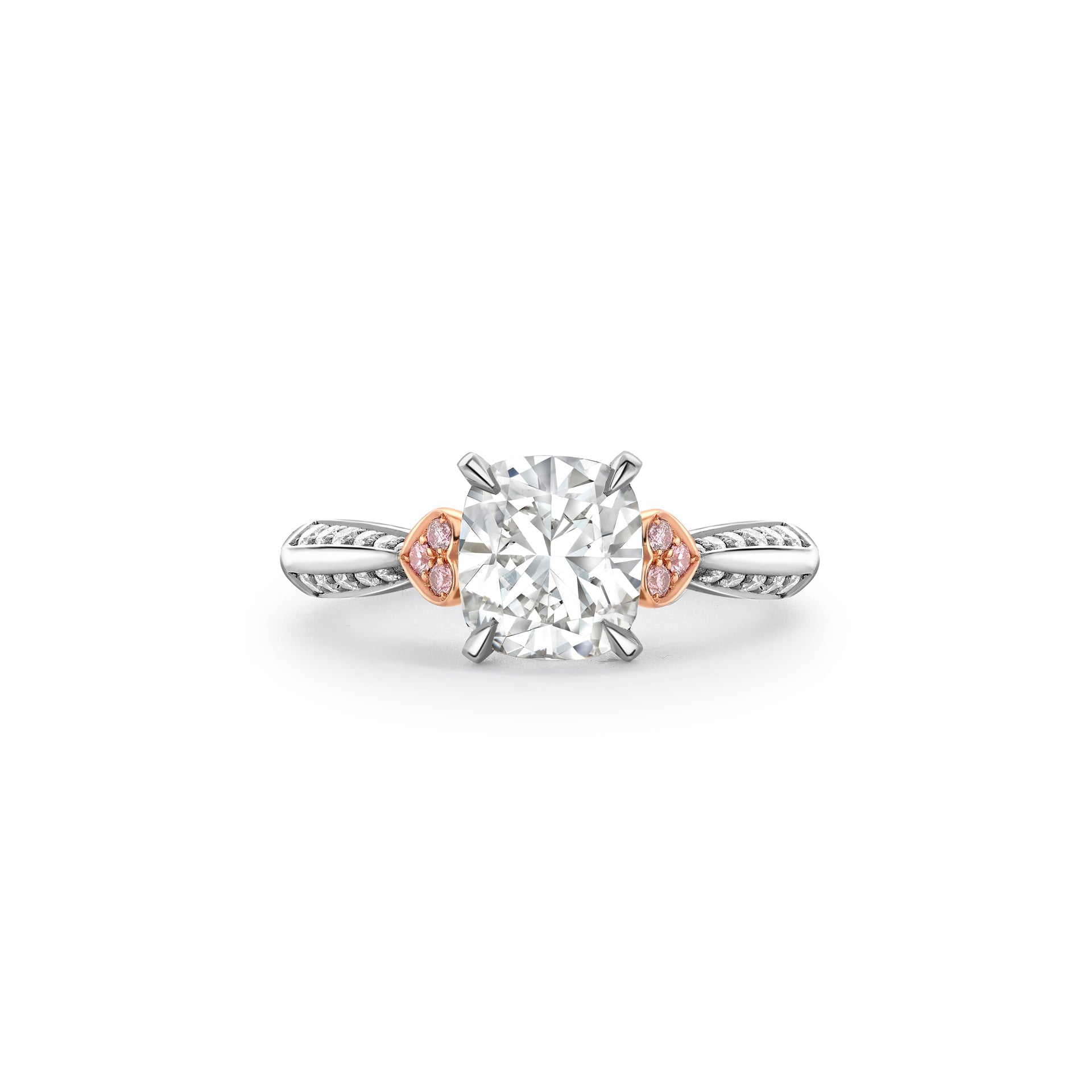 Trilogy Diavik Cushion Diamond Pink Diamond Shoulders Platinum Ring