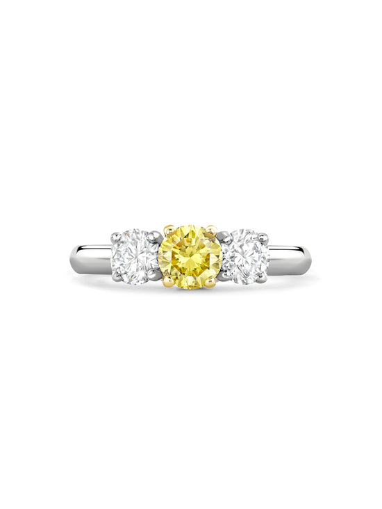 Trilogy Round Brilliant Yellow and White Diamond Platinum Ring