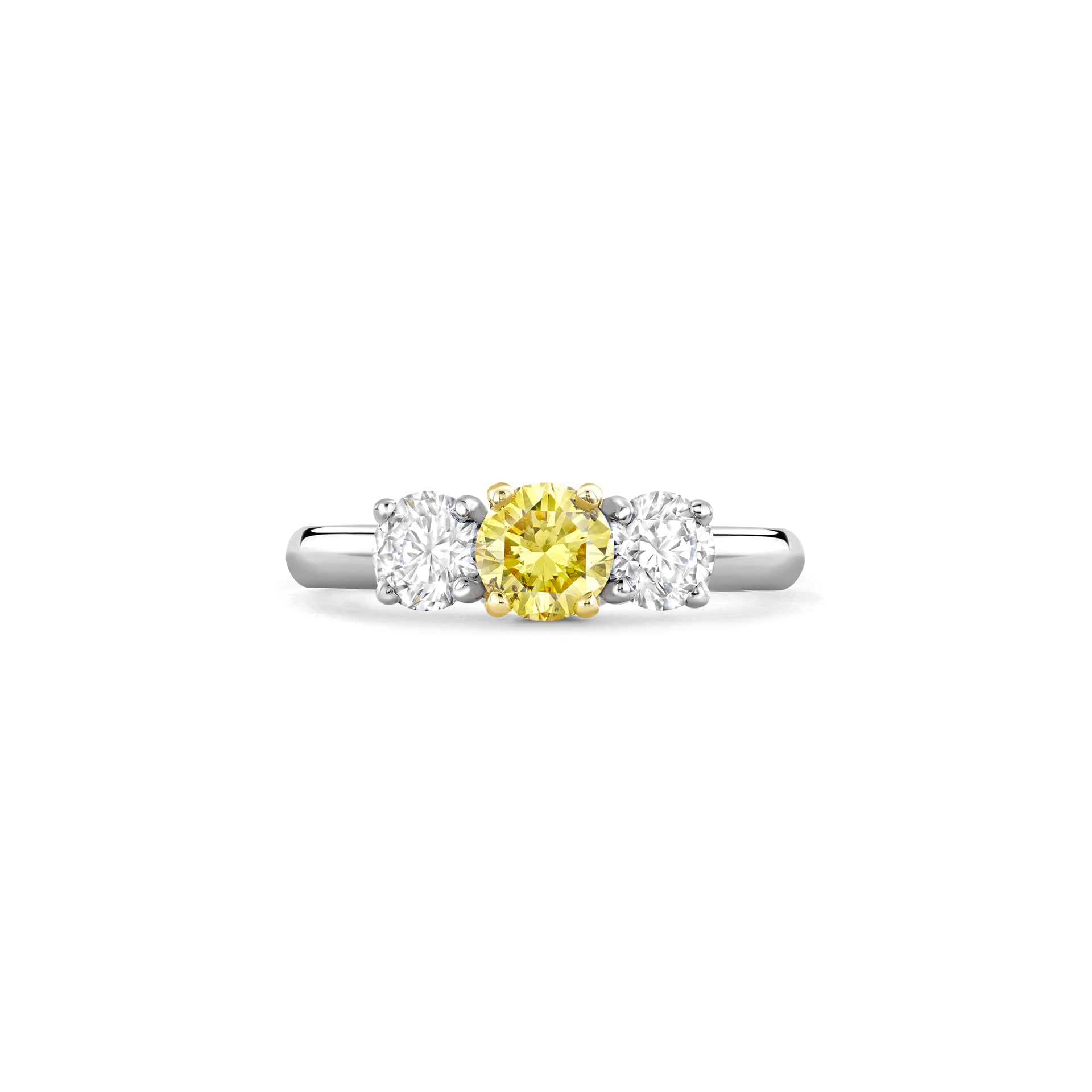 Trilogy Round Brilliant Yellow and White Diamond Platinum Ring
