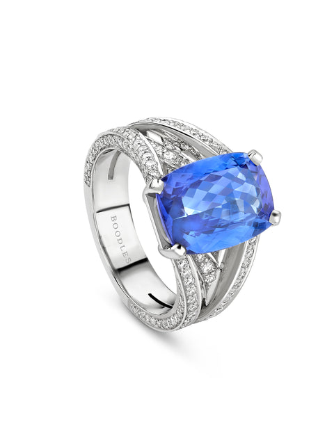 Classic Cushion Tanzanite Diamond Band Platinum Ring