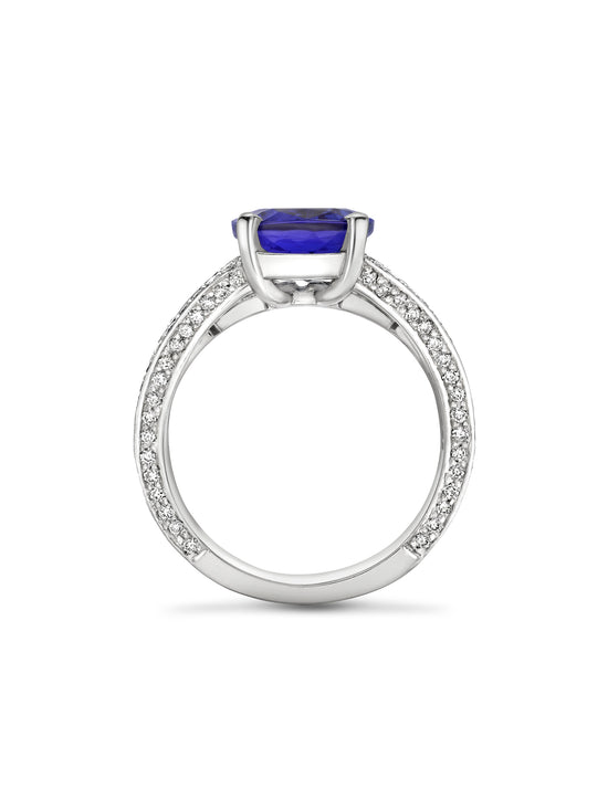 Classic Cushion Tanzanite Diamond Band Platinum Ring