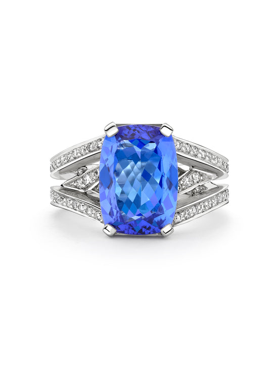Classic Cushion Tanzanite Diamond Band Platinum Ring