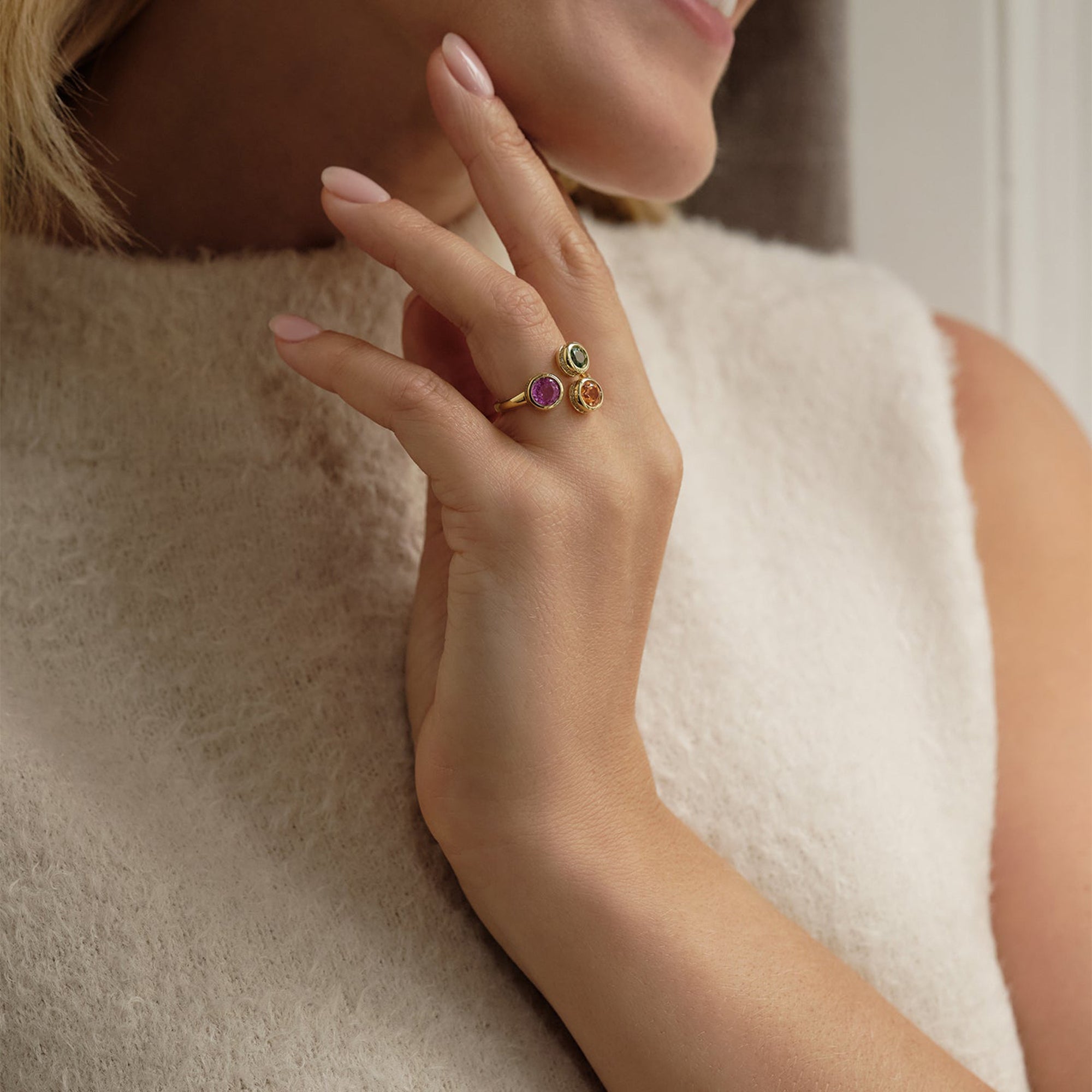 Beach Three Stone Sapphire Garnet Tsavorite Yellow Gold Ring