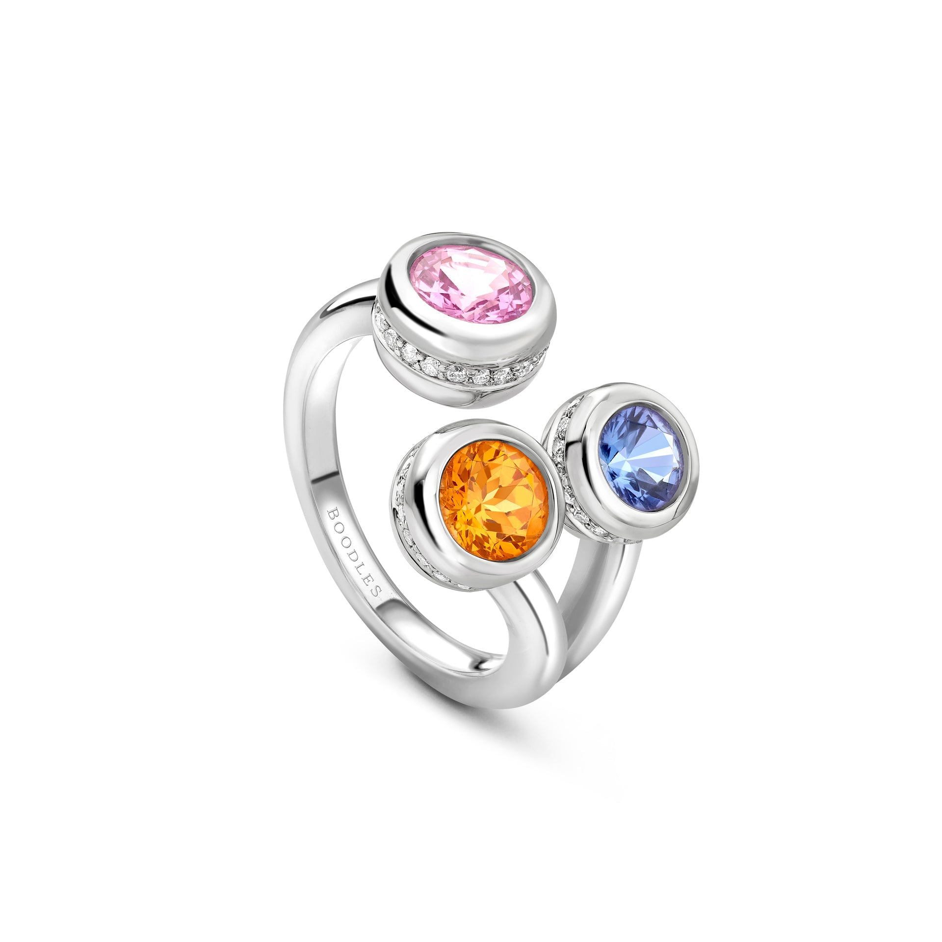 Beach Three Stone Sapphire Garnet Tanzanite Platinum Ring