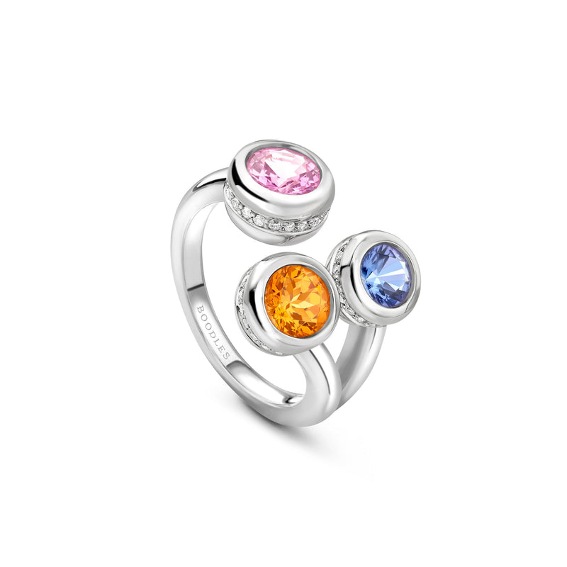 Beach Three Stone Sapphire Garnet Tanzanite Platinum Ring