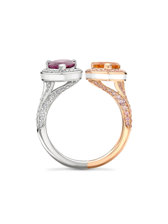 Gemini Garnet and Sapphire Rose Gold and Platinum Ring
