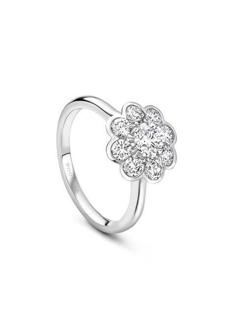 Classic Diamond Cluster Scalloped Platinum Ring