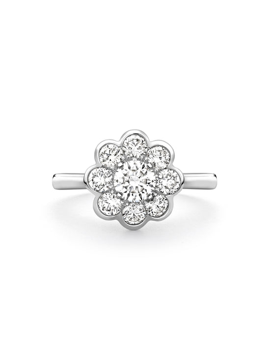 Classic Diamond Cluster Scalloped Platinum Ring