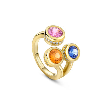 Beach Three Stone Sapphire Garnet Tanzanite Yellow Gold Ring
