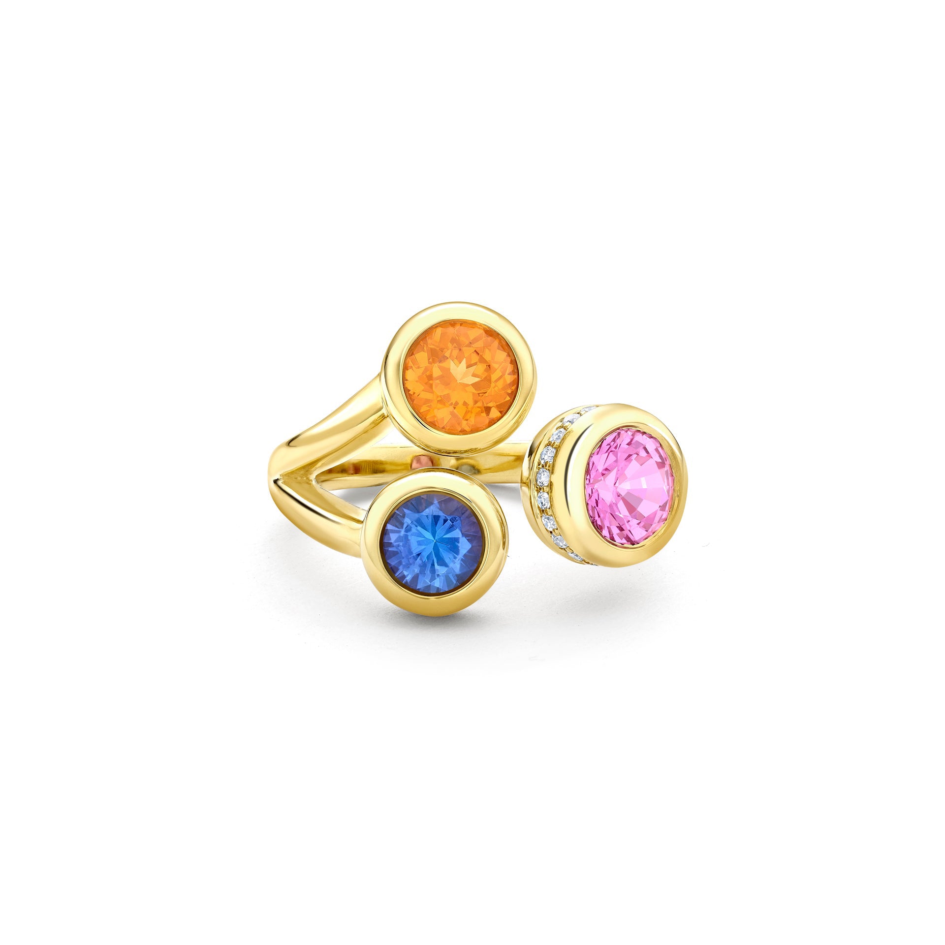 Beach Three Stone Sapphire Garnet Tanzanite Yellow Gold Ring