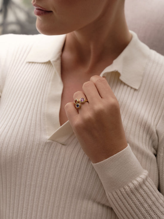 Beach Three Stone Sapphire Garnet Tanzanite Yellow Gold Ring