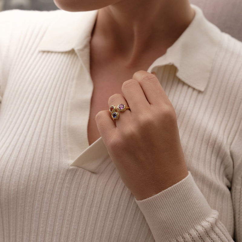 Beach Three Stone Sapphire Garnet Tanzanite Yellow Gold Ring