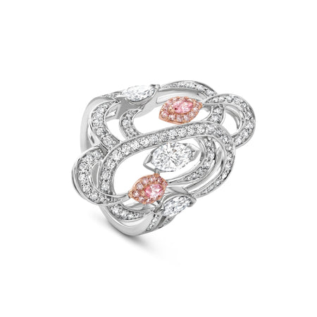Secret Garden platinum and pink gold ring with marquise pink and white diamonds in a swirling design.