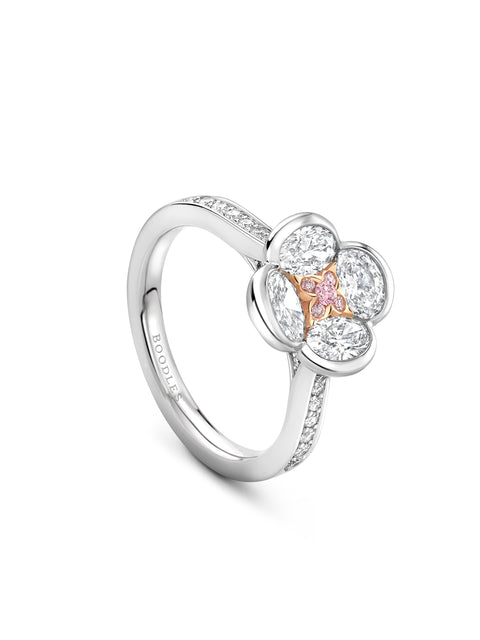 Flower Pink and White Diamond Platinum Ring