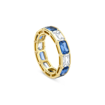 Classic Ashoka Diamond Sapphire Scalloped Full Hoop Yellow Gold Eternity Ring