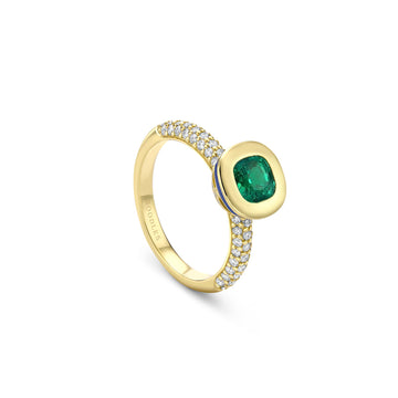 Florentine Cushion Emerald Yellow Gold Ring