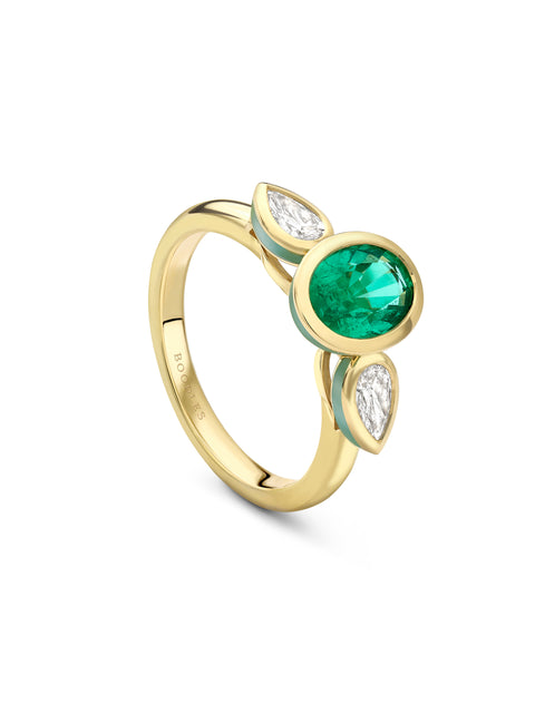 Florentine Oval Emerald Pear Diamond Yellow Gold Ring