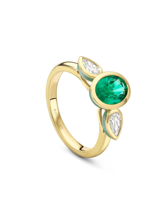 Florentine Oval Emerald Pear Diamond Yellow Gold Ring