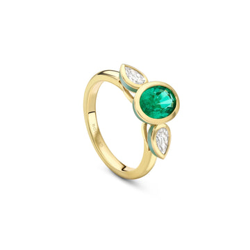 Florentine Oval Emerald Pear Diamond Yellow Gold Ring