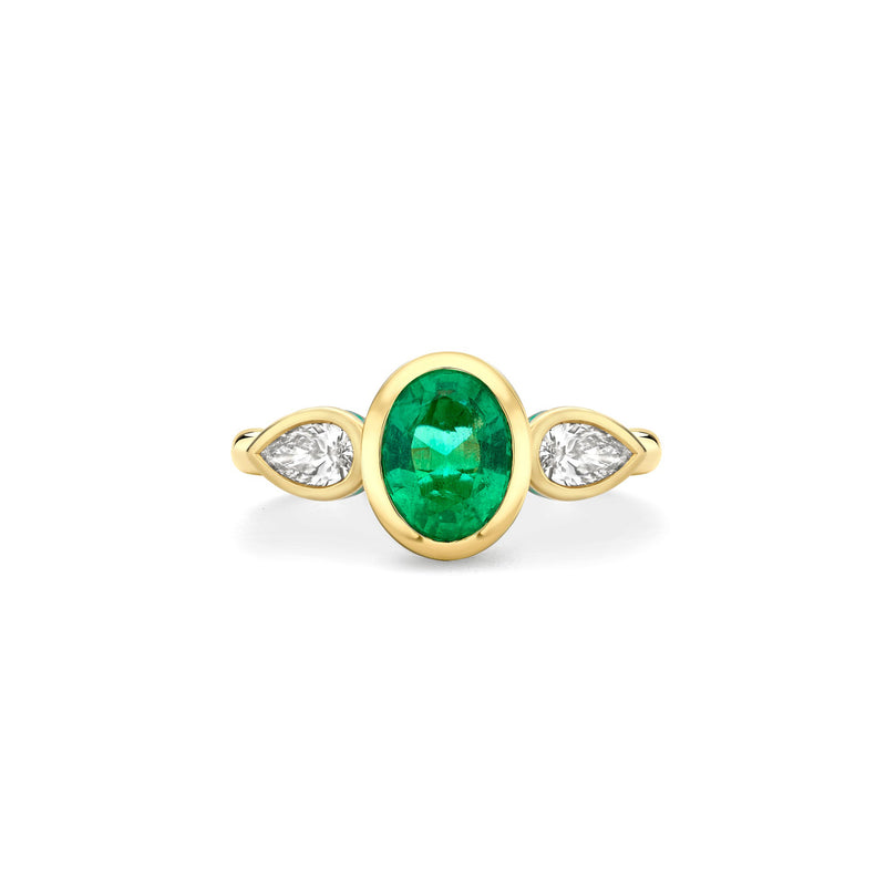 Florentine Oval Emerald Pear Diamond Yellow Gold Ring