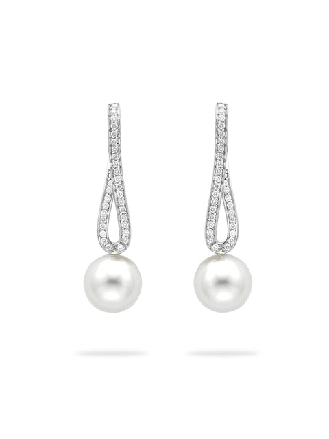 Classic Long Loop Diamond and Pearl Platinum Earrings