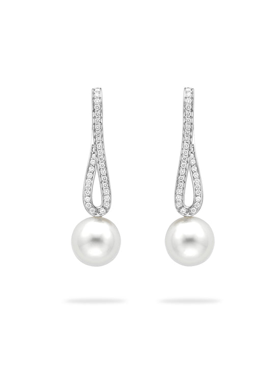 Classic Long Loop Diamond and Pearl Platinum Earrings