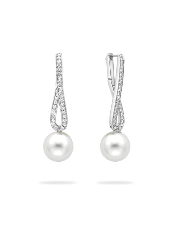 Classic Long Loop Diamond and Pearl Platinum Earrings