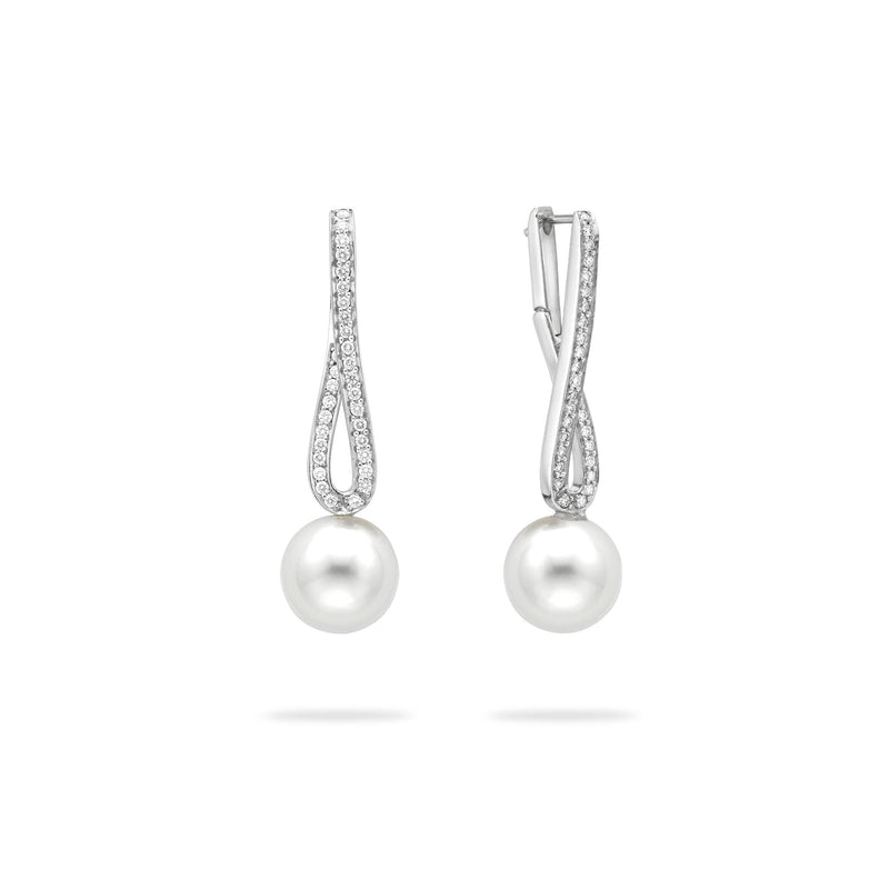 Classic Long Loop Diamond and Pearl Platinum Earrings