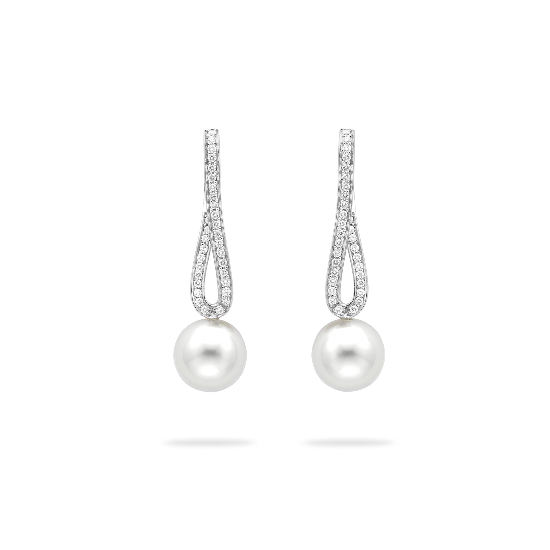 Classic Long Loop Diamond and Pearl Platinum Earrings
