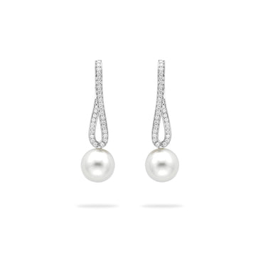 Classic Long Loop Diamond and Pearl Platinum Earrings