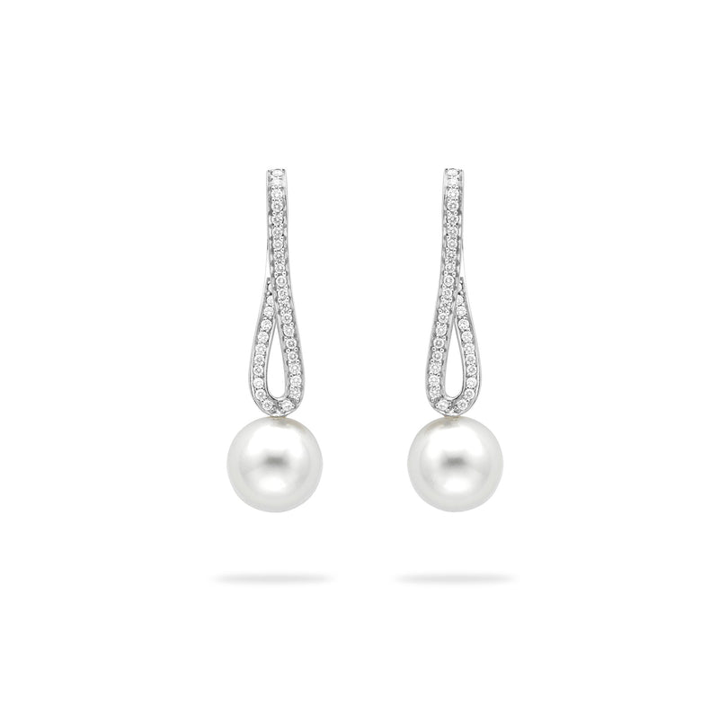 Classic Long Loop Diamond and Pearl Platinum Earrings