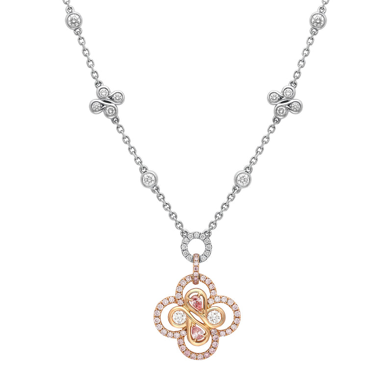 Be Boodles Long Large Motif Platinum Pink and White Diamond Necklace