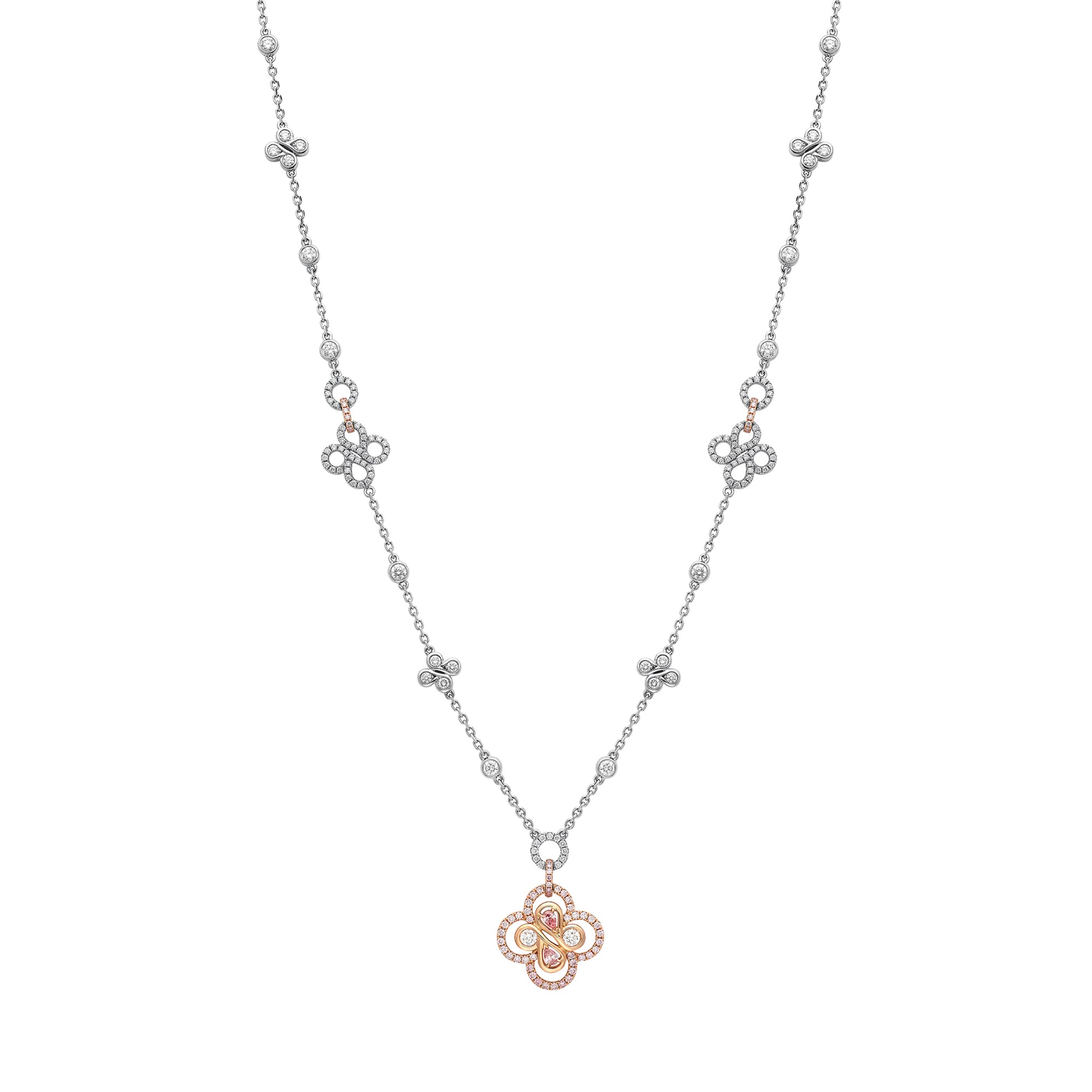 Be Boodles Long Large Motif Platinum Pink and White Diamond Necklace