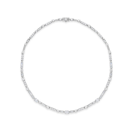 Play of Light platinum diamond necklace featuring multi-shape cuts in a circular arrangement.