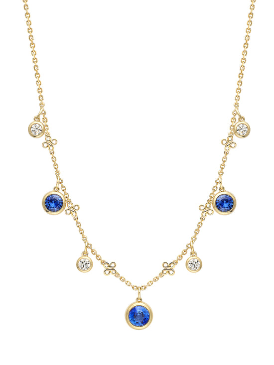 Beach Seven Stone Yellow Gold Sapphire and Diamond Necklace