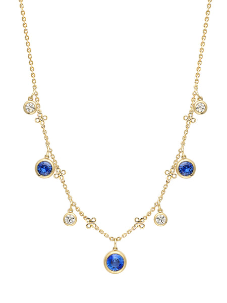 Beach Seven Stone Yellow Gold Sapphire and Diamond Necklace