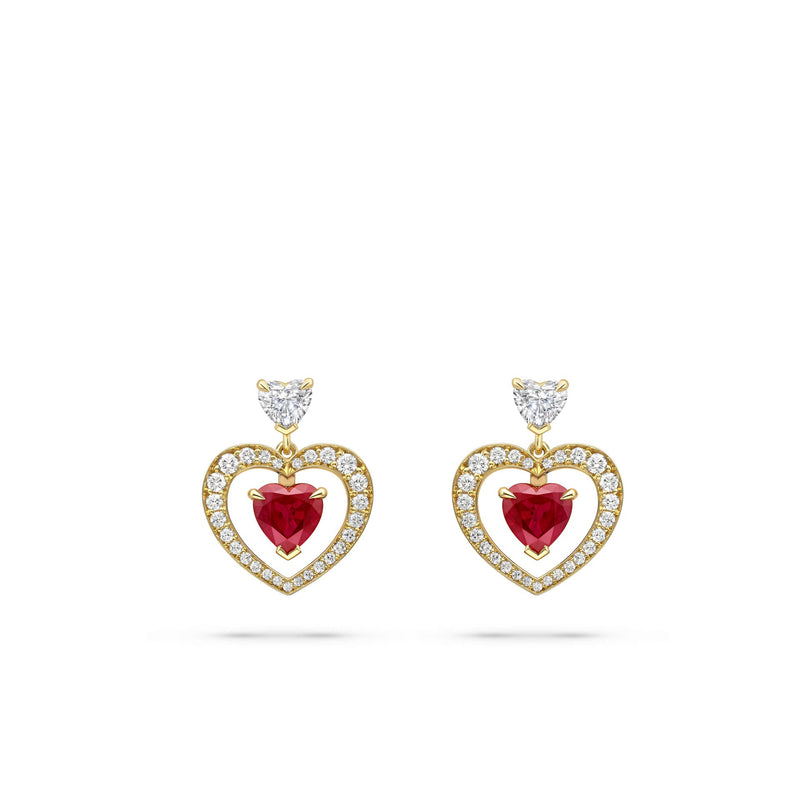 Vintage Heart Ruby and Diamond Yellow Gold Earrings