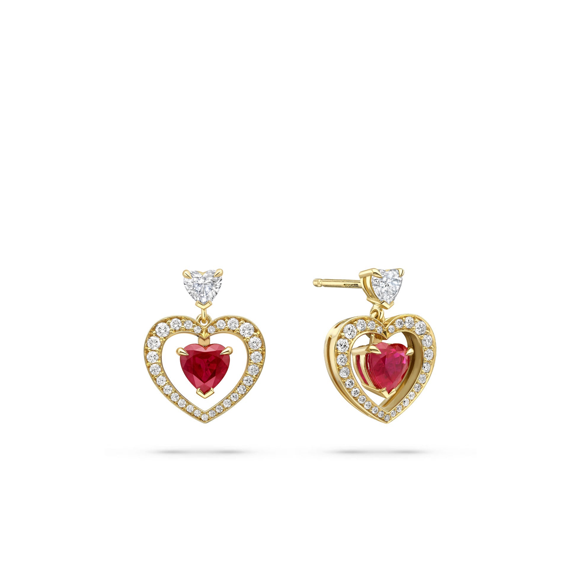 Vintage Heart Ruby and Diamond Yellow Gold Earrings