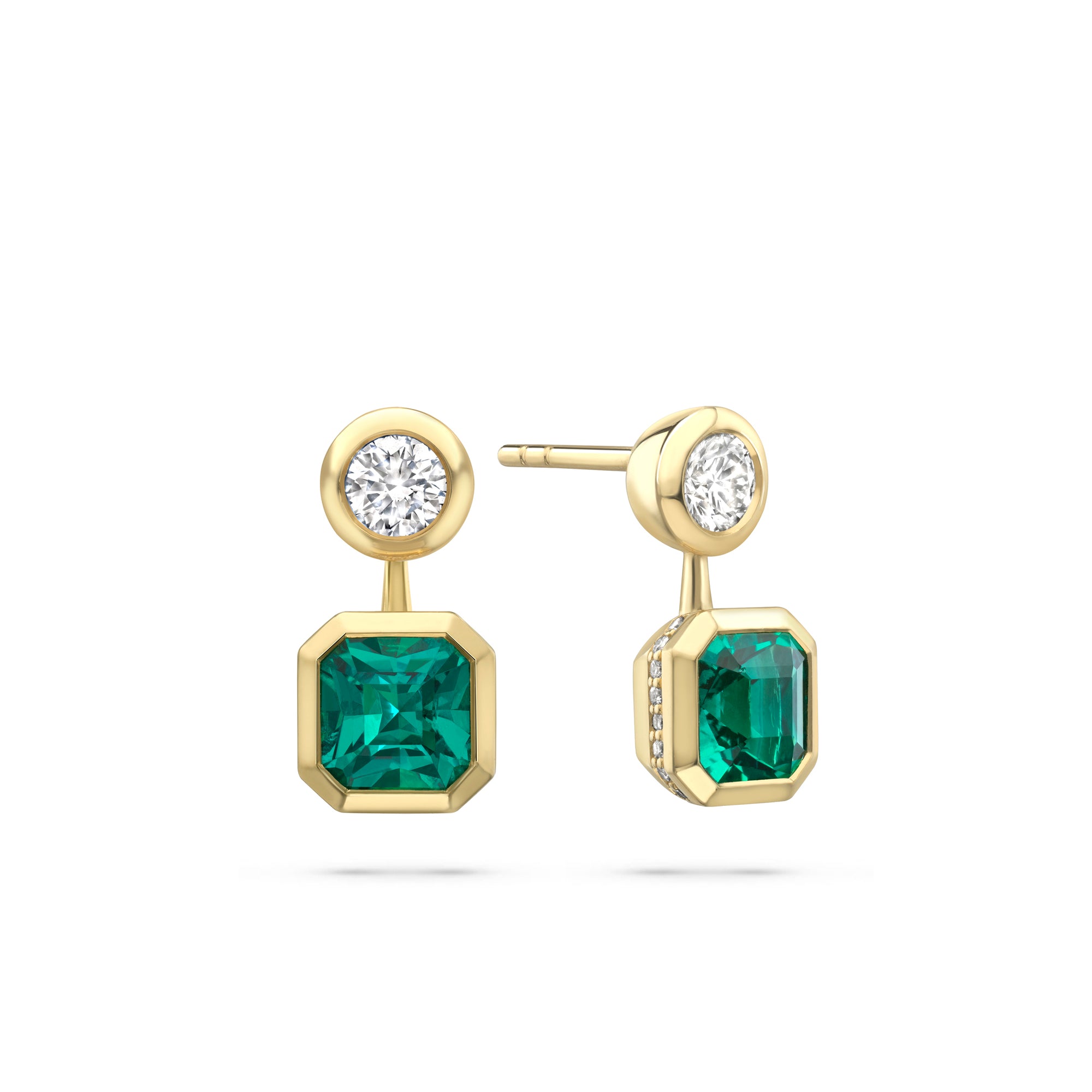 Florentine Emerald and Brilliant Diamond Yellow Gold Earrings
