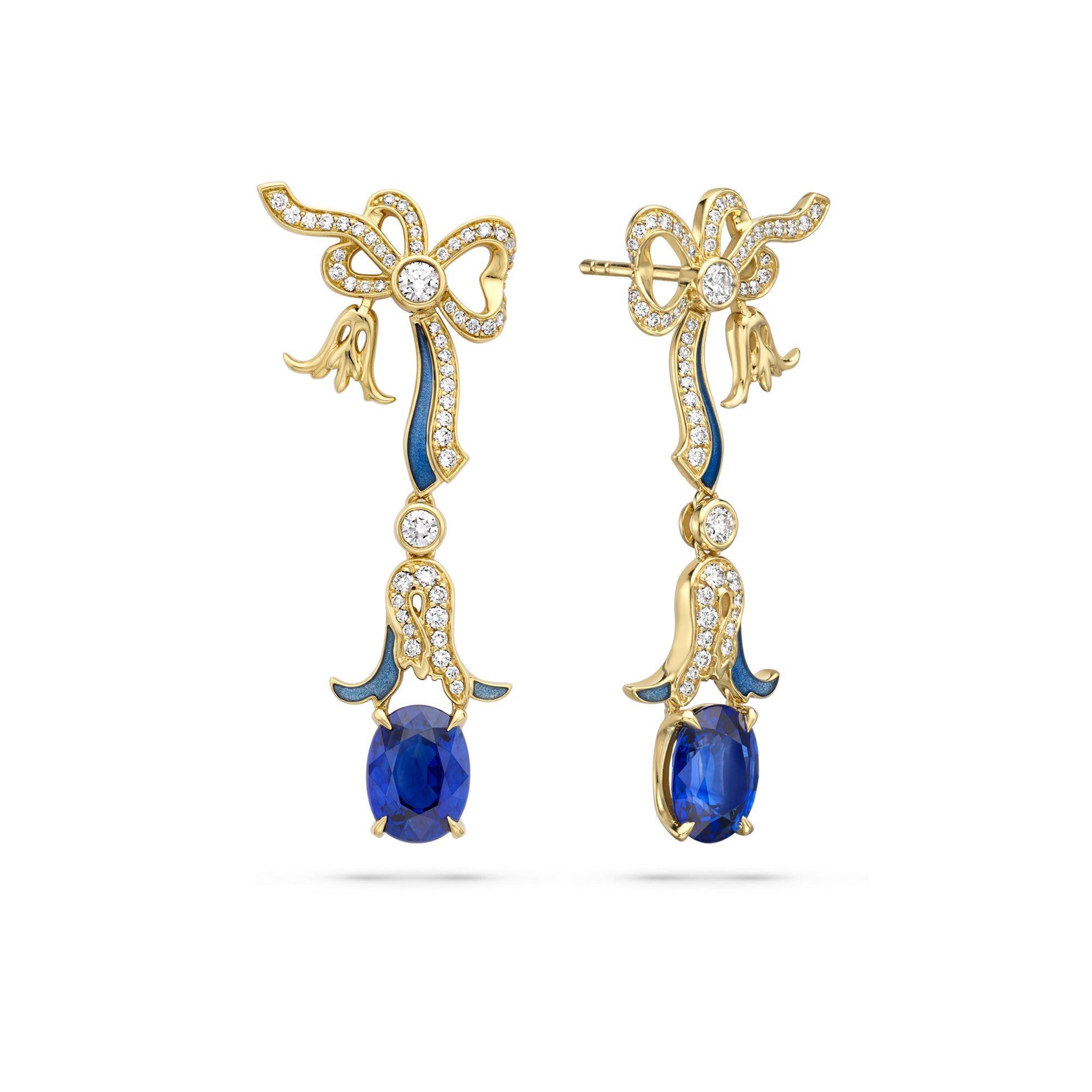 Presence Chamber yellow gold drop earrings set with brilliant cut diamonds, teal enamel, and oval blue sapphires.