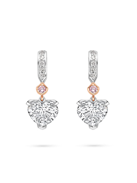 Classic Heart Diamond and Pink Diamond Platinum Drop Earrings